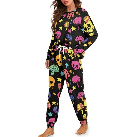DISNIMO Pajamas Set for Women Skull Mushroom Star Print Soft Fall Sleepwear Nightwear Long Sleeve Top with Long Pants 2 Piece Sets Outfit Loungewear Matching Set with Pockets, M