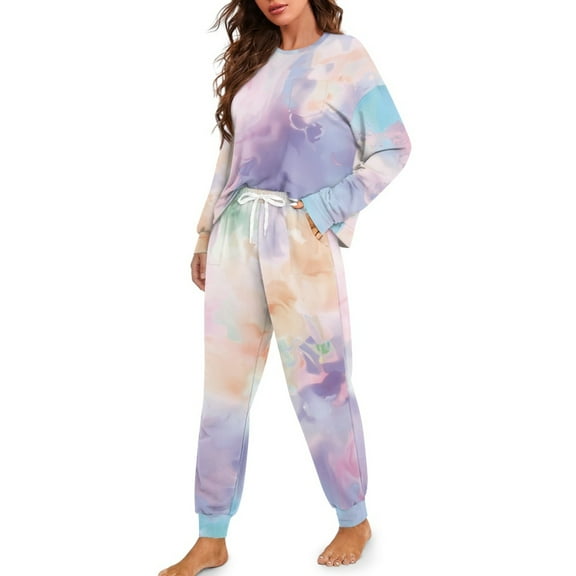 DISNIMO Pajamas for Women Tie Dye Print 2 Pack Pj Lounge Sets with Pocket Long Sleeve Shirt with Long Pajama Pant Set Casual Soft Loungewear Round Neck Nightwear, S