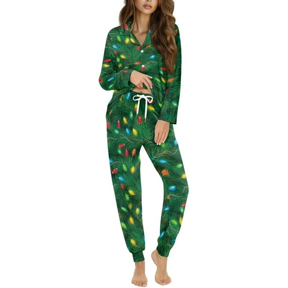 DISNIMO Pajamas for Women Light Bulb Print Button Up Sleepwear 2 Piece Long Sleeve Pj Top and Long Pants Soft V Neck Loungewear Christmas Nightwear