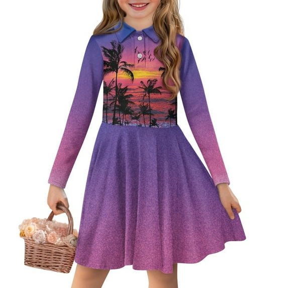 DISNIMO Palm Tree Dress for Girls Long Sleeve Sunset Dress Kids Purple Swing Dress Girls 5-6 Girls Midi Dress Girl Skater Dresses for Children Fall Twirl Dress Girls Church Girls Dress Clothing