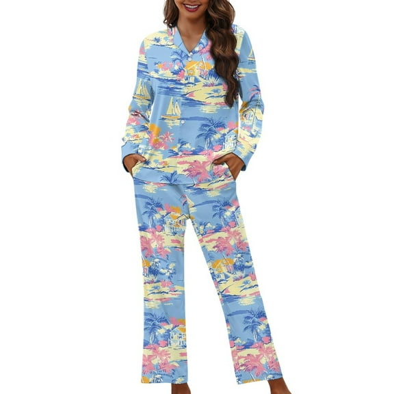 DISNIMO Palm Tree Print Women 2 Piece Pajama Sets Long Sleeve Sleepwear with Long Pants Button Down Nightwear Loungewear Casual Loose Lounge Sets, M