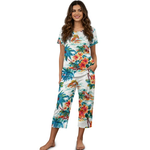 DISNIMO Palm Tree Printed Pajama Set for Women, Flower Printed Sleepwear Soft 2 Piece Pjs Set Short Sleeve Tops and Capri Pant Lounge, L