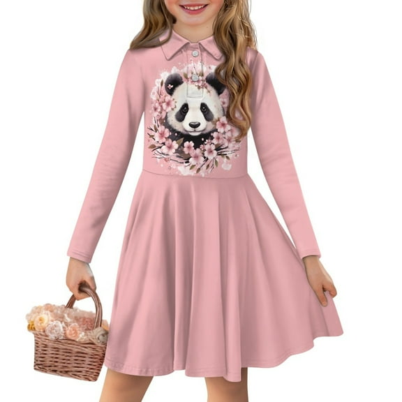 DISNIMO Panda Dress Girls Cherry Blossom Dress Kids Long Sleeve Skater Dress Girls 5-6 Year Old Girl Fall Dresses Girls Swing Dress Child Girl Beach Dresses Girls Sun Dresses with Collars Button