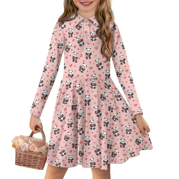 DISNIMO Panda Dress Kids Heart Dress for Girls Animal Dress Girls Size 5-6 Dresses for Fall Kids Skater Dresses Girls Loose Casual Holiday Midi Dress for Girls Soft Swing Dress Girls