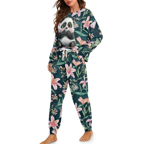 DISNIMO Panda Flower Print Women's Pajamas Set Soft Comfy Loungewear 2 Piece Pjs Set Casual Long Sleeve Sleepwear Nightwear Crew Neck Pullover Top with Long Pants, S
