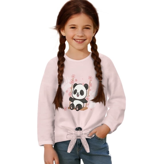 DISNIMO Panda Flower Printed Girls Lace-up Long Sleeve Tops Soft Tee Fashion Casual Pullover Tops Crew Neck T-Shirts Fall Winter Clothes for Teens
