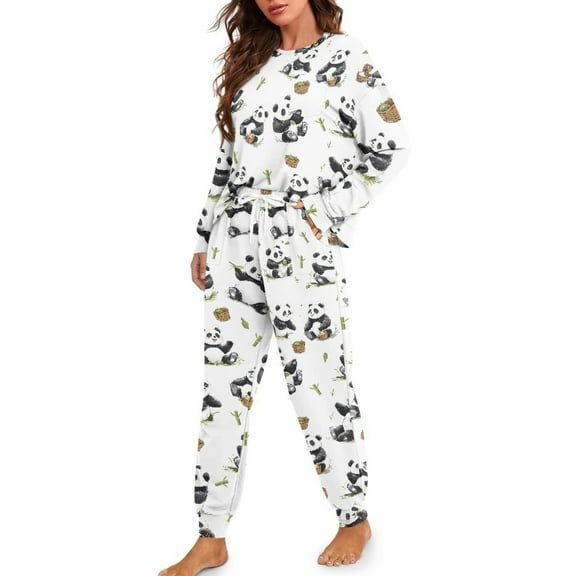 DISNIMO Panda Print Women's 2 Piece Lounge Sets Long Sleeve Top and Long Pants Casual Fashion Sleepwear with Pocket Round Nightwear Soft Comfy Pjs Lounge Set, Available in Plus Size, 2XL
