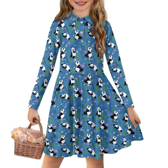 DISNIMO Panda Star Dress Kids Long Sleeve Skater Dress Girls Midi Dresses for Kids Palm Leaf Dress with Collar Girls Button Down Dresses Girls Swing Dress Children 5-6 Years Girl Outfit Dress