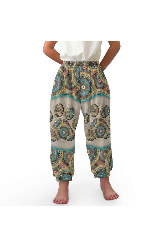 Paw Print Aztec Harem Pants Kids 8-12 Girls Bloomer Harem Pants for Kids Bloomer Trousers for Girls Harem Bloomers Girls Elastic Ankle Trousers Kids Baggy Pants High Waisted
