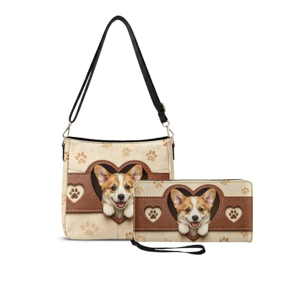 DISNIMO Paw Print Corgi Bucket Tote Bag Set with Wristlet Wallet for Women Large Tote Bag with Adjustable Strap, 2 Pcs, Multi Pocket Hobo Bag Pu Leather, Zippered Closure Purses Set for Women