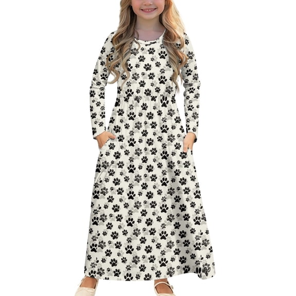 DISNIMO Paw Print Kids Dress Long Sleeve Lightweight Girls Long Sleeve Dresses Size 5-6 Swing Dress for Girls Print Midi Sun Dress with Pockets Kids Girls Frock Long Sleeve