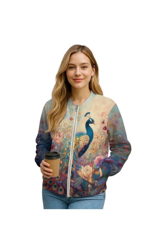 Peacock Floral Printed Sweatshirts for Women Long Sleeve Jackets Zip Up Outwear V Neck Sweatshirts with Pockets, 3XL