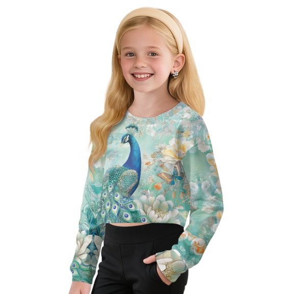 DISNIMO Peacock Flower Printed Girls' Cropped Sweatshirt Long Sleeve Crop Tops Hoodies Crewneck Pullover Tops Fall Fashion Shirts Back to School Clothes for Teen Girls