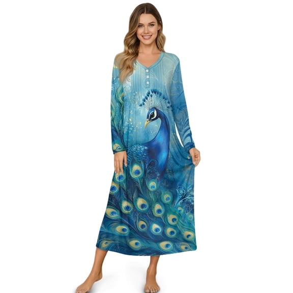DISNIMO Peacock Printed Nightgown for Women Sleepwear V Neck Night Gowns Button Front Sleepshirts Full Length Nightshirts Long Soft Ladies Sleep Shirt, 4XL