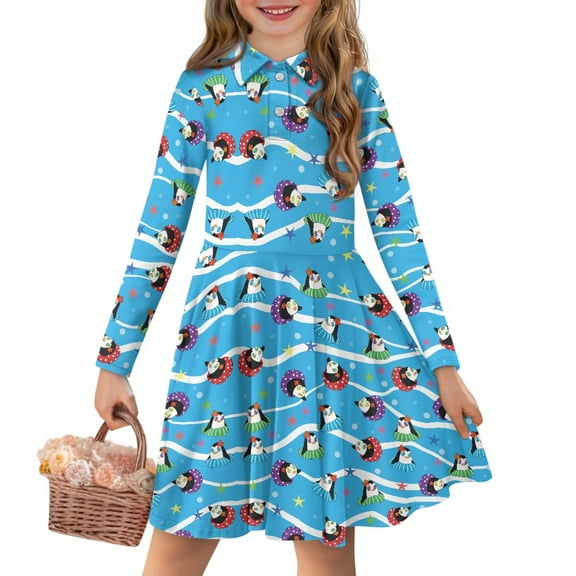 DISNIMO Penguin Dress for Girls Star Dresses Kid Long Sleeve Swing Dress Girls Knee Length Dress with Collar for Girls Skater Dress Size 13-14 Girls Twirly Dresses Youth Beach Dress Girl Clothes