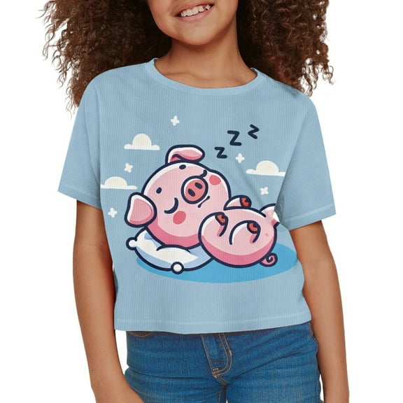 DISNIMO Pig T Shirt for Kids Girls Cropped Shirts for Youth Trendy Tops Girls Short Sleeve Crop Top Kids Preppy T Shirts Kids Crew Neck Tshirt Children Girls Short Sleeve Graphic Tees 15-16 Blue