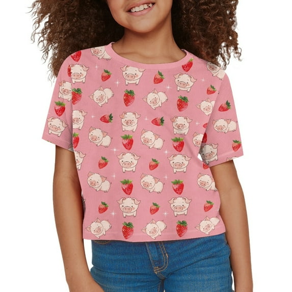 DISNIMO Pig Tee Shirt for Kids Girls Strawberry Shirt Kids Cute Shirts Girl Graphic Tees Girls Crop Top for Girls 9-10 Short Sleeve Crop Top Girls Round Neck Shirt with Animal Tees for Girls Soft