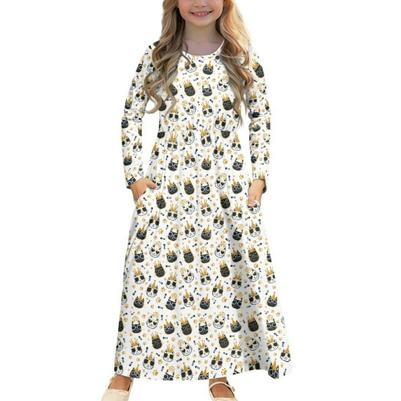 DISNIMO Pineapple Fruit Girls Twirl Skater Dress for Kids Long Sleeve Dresses for Girls Long Sleeve Dresses Size 11-12 Girls Dresses with Pockets for Kids Long Sleeve Mini Dress Casual