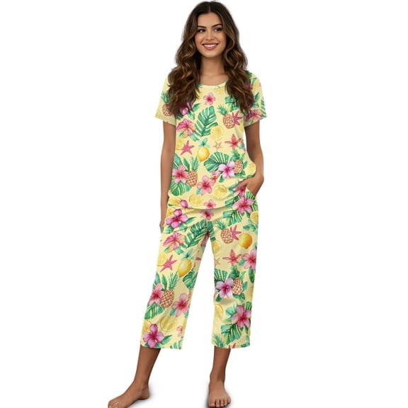 DISNIMO Pineapple Lemon Printed Womens Pajama Sets, Hibiscus Flowers Printed Sleepwear Soft 2 Piece Pjs Set Short Sleeve Tops and Capri Pant with Pockets, S
