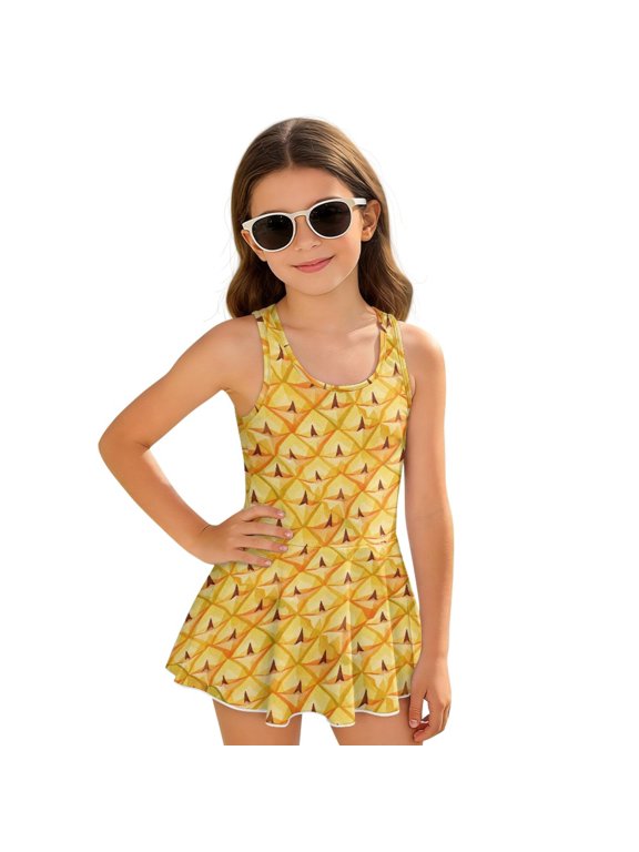 Pineapple Print Girls' One Piece Swimsuits Sleeveless U Neck Swimwear with Skirt Quick Dry Bathing Suit Hawaiian Summer Beach Swim Dress