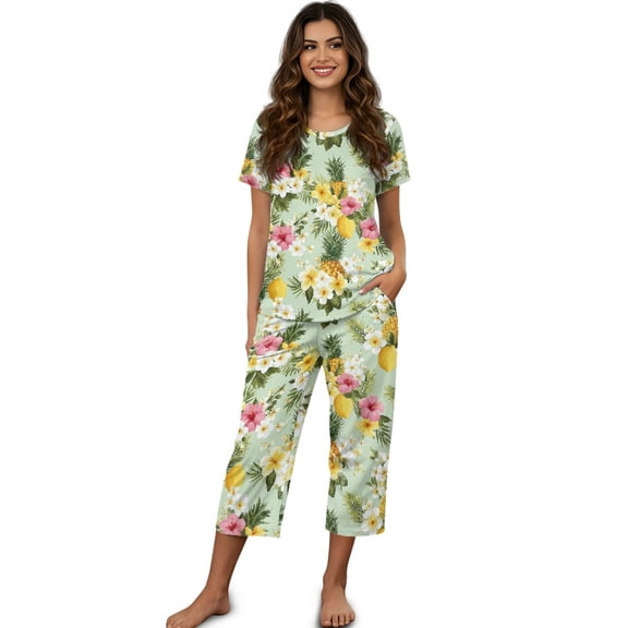 DISNIMO Pineapple Printed Pajama Set for Women, Lemon Flower Printed Sleepwear Comfy 2 Piece Pj Lounge Sets Tops and Capri Pant Loungewear, 4XL