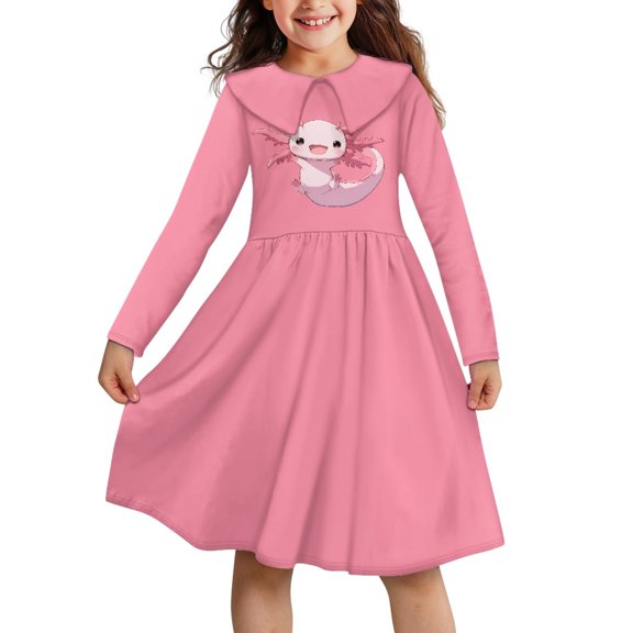 DISNIMO Pink Axolotl Dress Girls Christmas Tree Dress Kids Long Sleeve Dresses for Girls Collared Dress Fall Girl Skater Dresses for Girls Midi Long Sleeve Dress Child Girl Dress 9-10 Years