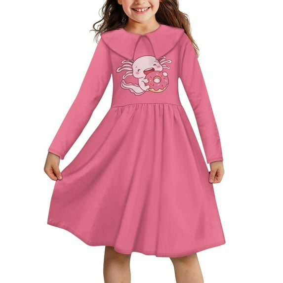 DISNIMO Pink Axolotl Dresses for Girls Doughnut Dress for Girls Long Sleeve Collar Dress Teen Kids Clothes Girls Size 13-14 Dress Children Axolotl Girls Birthday Dress Childrens Twirl Dress Girls