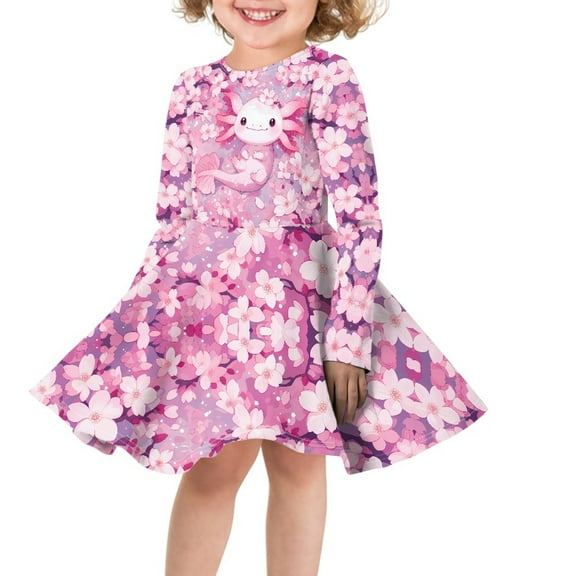 DISNIMO Pink Axolotl Dresses for Girls Pink Cherry Blossom Dress for Girls 11-12 Fall Dresses for Children School Dress Casual Girl Soft Dresses for Girls Back To School Dress Kids Beach Dress
