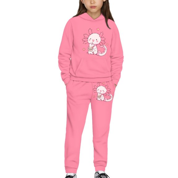 DISNIMO Pink Axolotl Hoodie Set Girls Size 4-5 Hoodies Girls 2 Piece Hoodie Outfits for Girls Pullover Sweatshirt Hoodie Set for Travel Hoodie with Pockets Kids Lightweight Hoodie