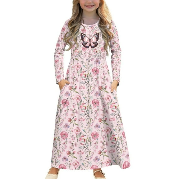 DISNIMO Pink Butterfly Flower Girls Long Sleeve Dresses Size 5-6 Long Sleeve Dress for Kids Cute Dresses for Middle School Dance Girls Long Sleeve Swing Dress with Pockets Soft Midi