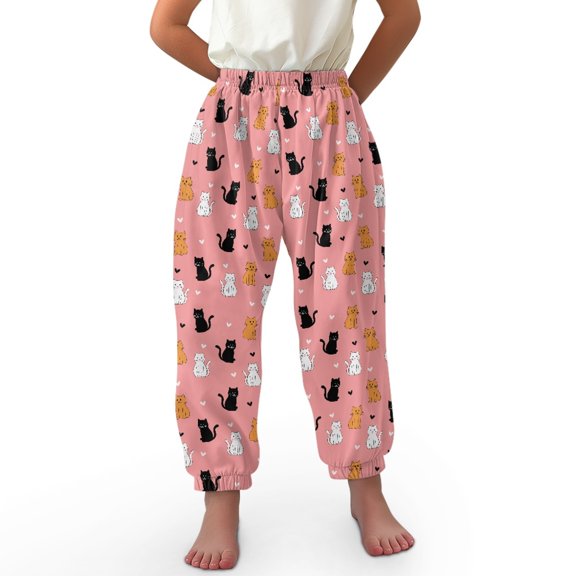 DISNIMO Pink Cat Bloomer Harem Pants for Girls Bloomer Trousers Kids Harem Pants Girls Harem Bloomers Long Loose Yoga Pants Girls Beach Pants Size 8-12 Girls Casual Jogger Pants for Girls