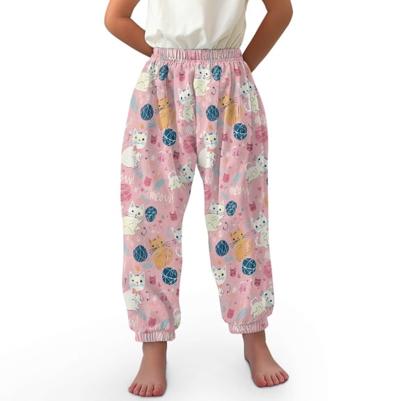 DISNIMO Pink Cat Harem Pants for Kids Bloomer Harem Pants for Girls Harem Bloomers Elastic Waist Beach Pants for Girls Harem Pants Size 3-7 Long Bloomers Soft Harem Pants Trousers