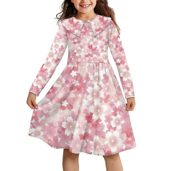DISNIMO Pink Cherry Blossom Dress for Girls Long Sleeve Collared Dress for Girls 11-12 Dresses with Collars for Girls Large Collar Dress Girls Long Sleeve Twirl Dress Kids Casual Dress Midi Dress