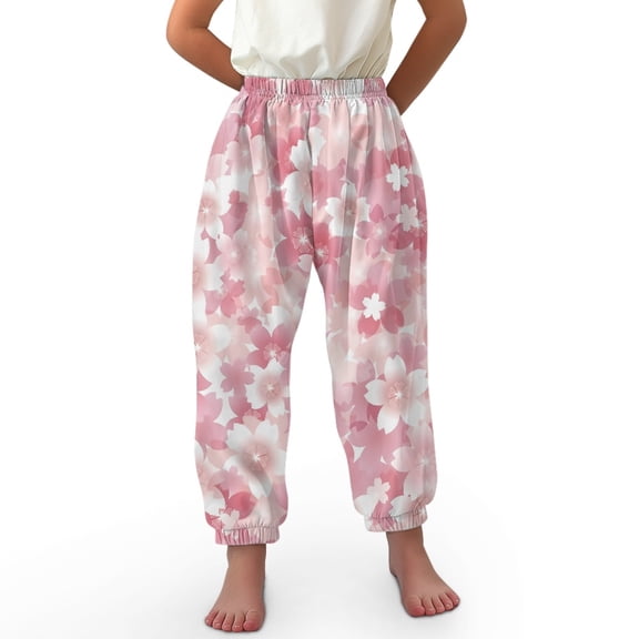 DISNIMO Pink Cherry Blossom Harem Pants for Girls Baggy Pants Size 8-12 Bloomers Long Pants for Kids High Waisted Trousers Wide Leg Yoga Pants for Girls Jogger Pants for Kids Elastic Waist Pants