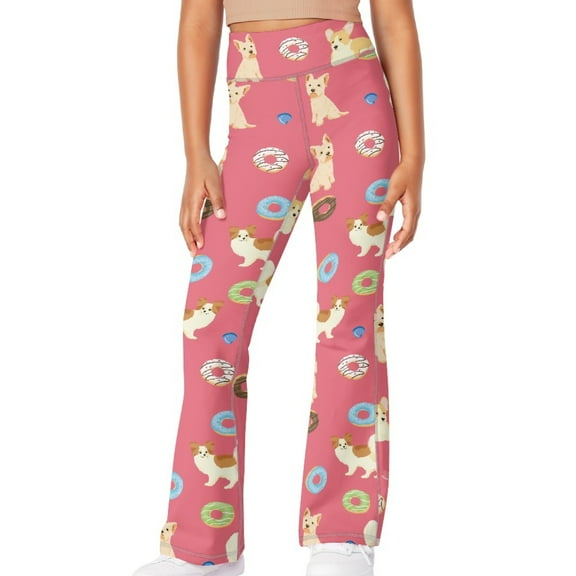 DISNIMO Pink Corgi Bell Bottom Stretchy Knit Pants fall Flare Ribbed Bootcut Leggings 9-10 Years Kids Yoga Pants for Girls Flare Leggings with 2 Pockets