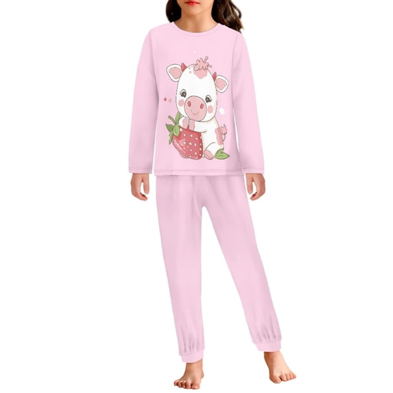 DISNIMO Pink Cow Pajamas Kids Girls Pajama Set Kids 2 Piece Pajama Set Girls Pjs Size 4 Boys Pj Sets for Kids Long Sleeve Pajamas Girls Crew Neck Pajama Set Kids Loungewear Set Boys