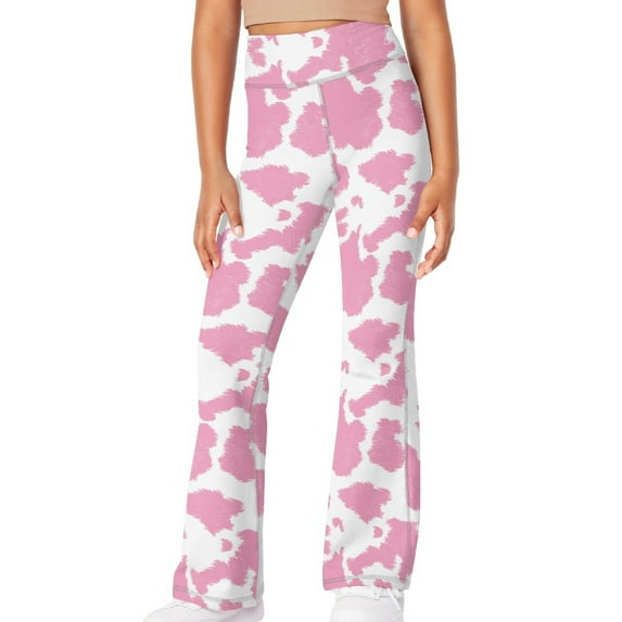 DISNIMO Pink Cow Print Flare Leggings for Kids 11-12 Girls Leggings Cross Flare Pants with Pockets for Kids Bell Bottoms Pants Girls Yoga Pants Bell Bottoms for Kids High Waisted Leggings