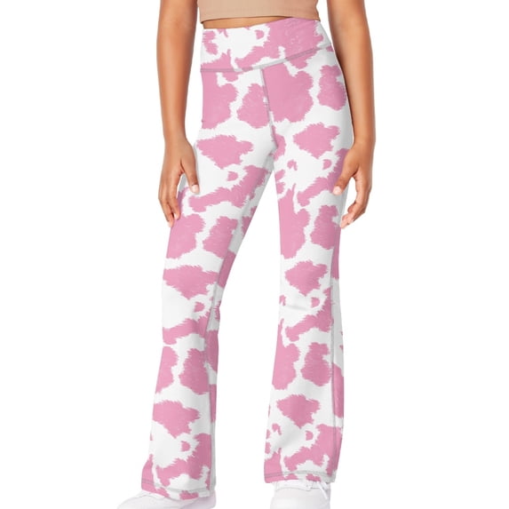 DISNIMO Pink Cow Print Flare Leggings for Kids 7-8 Girls Leggings Cross Flare Pants with Pockets for Kids Bell Bottoms Pants Girls Yoga Pants Bell Bottoms for Kids High Waisted Leggings