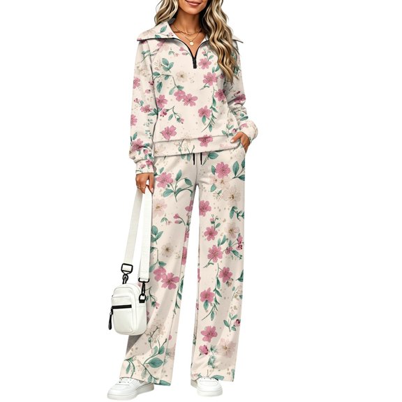 DISNIMO Pink Floral Pattern Sweatsuits, Matching Style Tracksuits Drawstring Lounge Sets with Breathable Loose Fit for Winter, Size S
