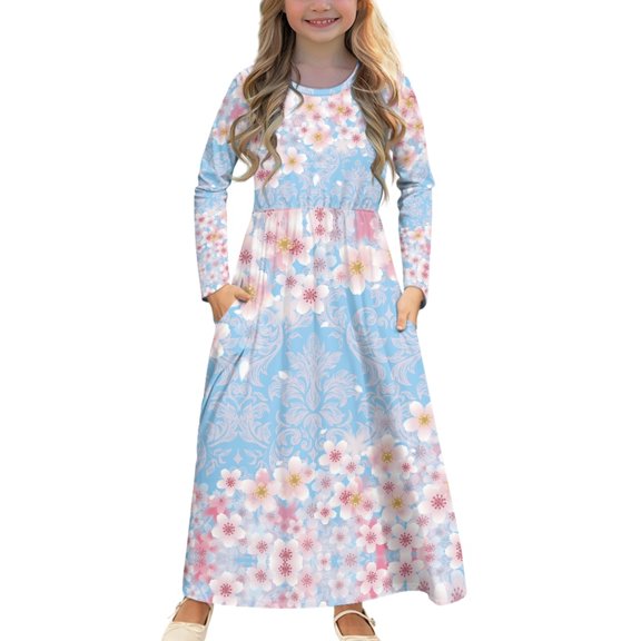 DISNIMO Pink Flower Kids Dress Long Sleeve Dresses for Girls 9-10 Dress for Kids Dresses with Pockets Kids Long Frocks for Kids Full Sleeve Swing Dress Midi Girls Long Sleeve Fall Dress