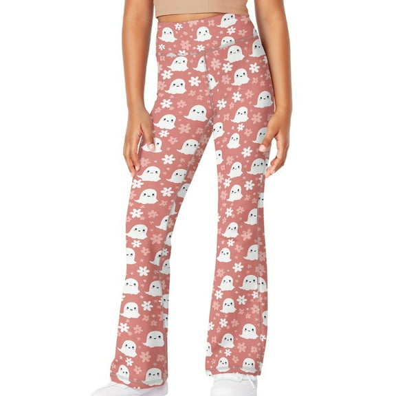 DISNIMO Pink Halloween Ghost Kids Long Yoga Pants for Girls 13-4 Flare Leggings with Pockets for Girls Flare Leggings Bell Bottoms Kids High Waist Bell Bottoms Flare Leggings Tall