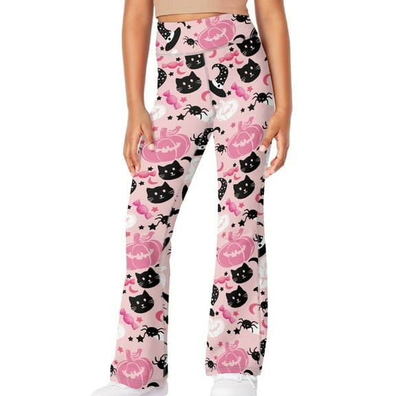 DISNIMO Pink Halloween Pumpkin Leggings for Girls 13-14 Long Yoga Pants for Girls Kids Bell Bottoms Pants for Kids Flare Pants Girls Dance Pants Kids Yoga Pants Flare with Pockets