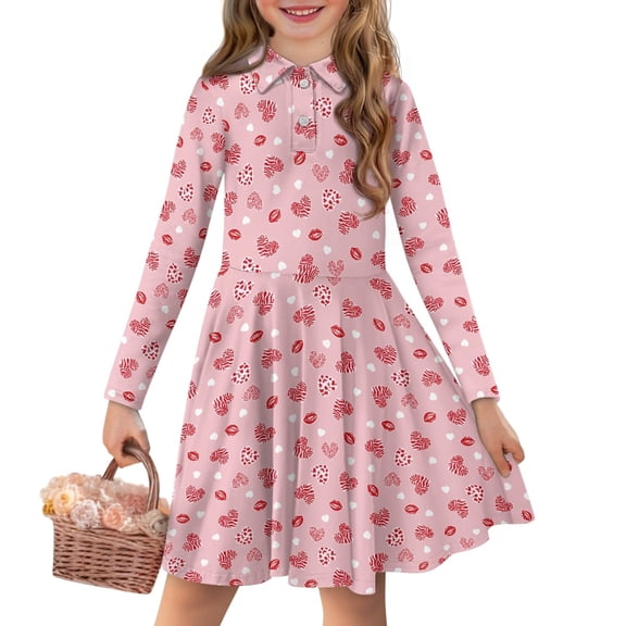 DISNIMO Pink Heart Dress Girls 11-12 Fall Dresses Youth Beach Dress Kids Long Sleeve Skater Dress Teen Girls Swing Dress with Collar Button Up Dress Girls Twirling Dresses Children Church Dresses