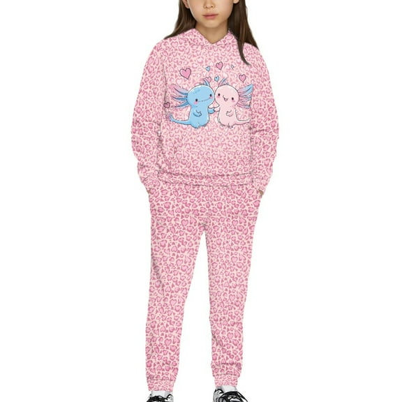 DISNIMO Pink Leopard Print Axolotl Hoodies Sets for Girls 2 Piece Outfits Fall Hoodies for Girls Pullover Sweatshirt with Pockets for Kids Hoodie and Jogger Set Boys Drop Shoulder Hoodie 8-9