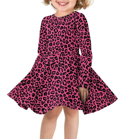 DISNIMO Pink Leopard Print Dress for Girls Leopard Print Dress Size 7/8 Girls Dresses for Fall Season Dresses for Girls Crew Neck Dress Long Sleeve Kids Midi Dress Children Skater Dress for Girls