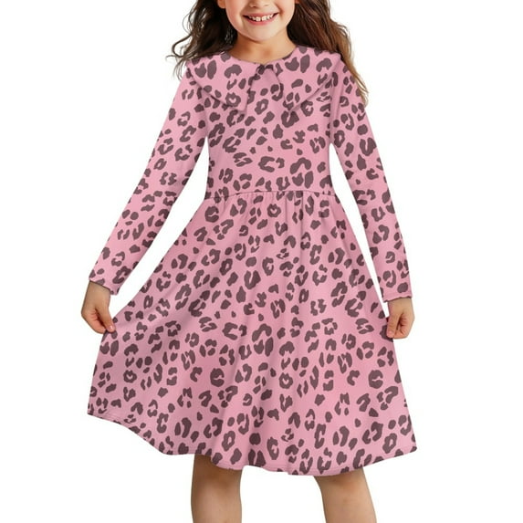 DISNIMO Pink Leopard Print Dress Kids Girls Collared Dress Fall Kids Clothes Dress Long Sleeve Girls Twirl Dress Fall Skater Dress Girls 3-4 Dress Kids Clothes Girls Dresses Children Girl Dress