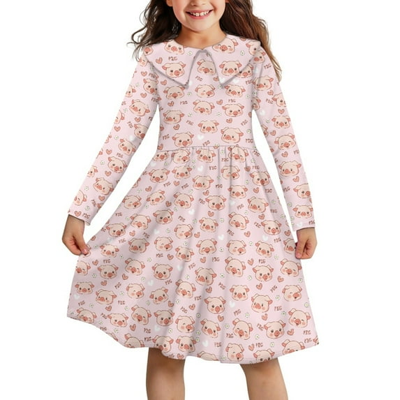 DISNIMO Pink Pig Dress Girls Heart Dress Kids Long Sleeve Skater Dress Girls Collared Dress Fall Kids Dresses Clothes for Girls Age 3-4 Girl Dresses Casual Midi Dress Girls Dress Skater Girl