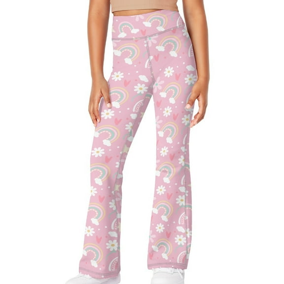 DISNIMO Pink Rainbow Kids Activewear Leggings Soft Black Flare Leggings Girls flare Yoga Pants Size 7-8 Kids High Waist Bell Bottoms for Girls Bootcut Leggings Long