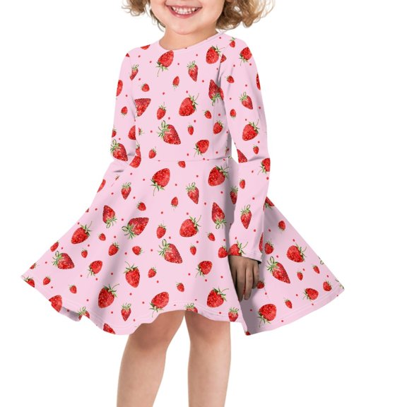 DISNIMO Pink Strawberry Dress Girls Casual Long Sleeve Dress Kids Girls Kids Twirl Dress Fall Girls Dresses Size 9-10T Girl Dress for Children Girls Dresses Knee Length Dress for Girls Church Dress