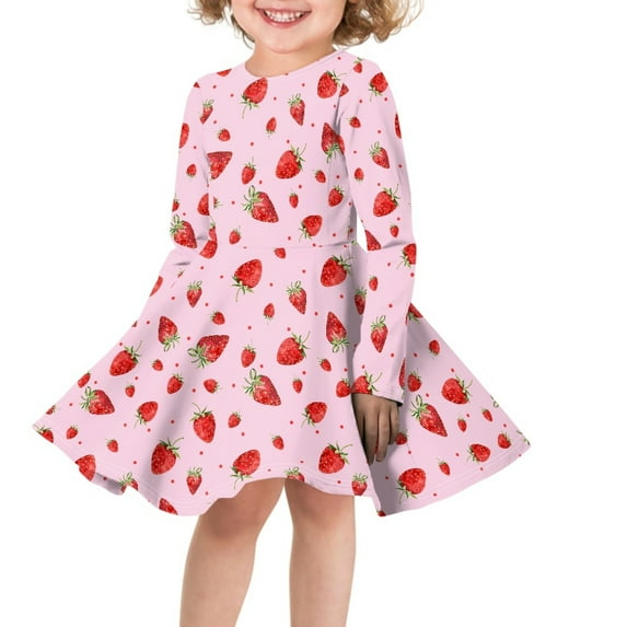 DISNIMO Pink Strawberry Dress Girls Casual Long Sleeve Dress Kids Girls Kids Twirl Dress Fall Girls Dresses Size 15-16 Teens Dress for Children Girls Dresses Knee Length Dress for Girls Church Dress